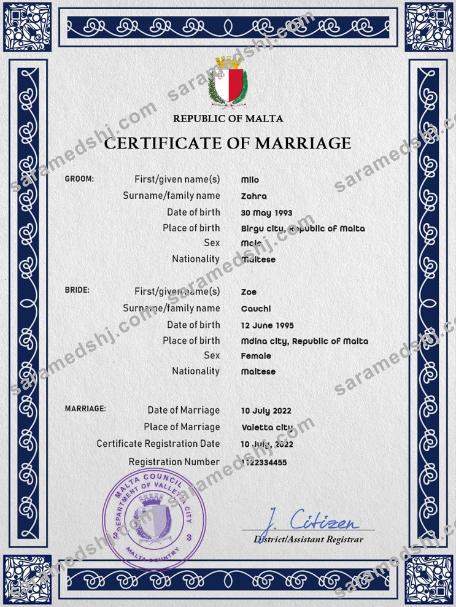 Malta marriage certificate PSD template